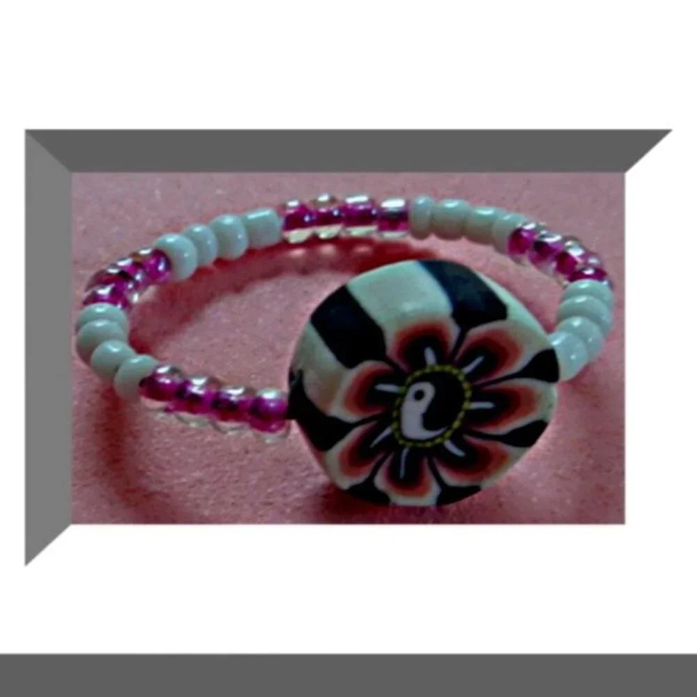 Handmade Beaded Ying Yang Design Ring Size 5 For Teens/Kids